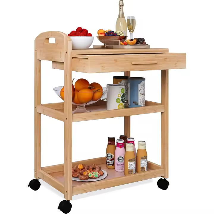 Carro de Cocina Sobredrago con Cajón y Estantes Estante Rodante de Bambú de 3 Niveles con Encimera de Madera Maciza y Ruedas Bloqueables - 1