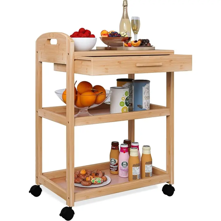 Carro de Cocina Sobredrago con Cajón y Estantes Estante Rodante de Bambú de 3 Niveles con Encimera de Madera Maciza y Ruedas Bloqueables - 1