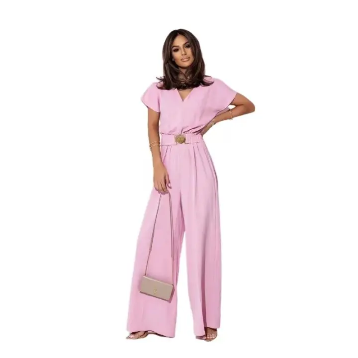 Monos de manga corta con cuello en V para mujer, vestidos de cintura alta con pantalones, azul marino S - 1