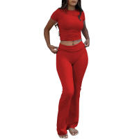 Jersey de cuello redondo, camiseta de manga corta, cintura alta, pantalones acampanados de yoga informales, conjunto deportivo - details 7