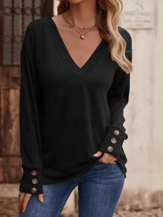 Camiseta holgada de manga larga, cuello en V para mujer, top blanco informal, suéter de oficina, otoño/invierno, nuevo - 1