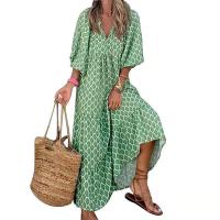 BUNO-Vestido largo bohemio con mangas abullonadas para mujer, vestido vintage elegante a la moda informal con estampado floral y cuello en V, vestidos holgados para fiesta en la playa y vacaciones - details 5