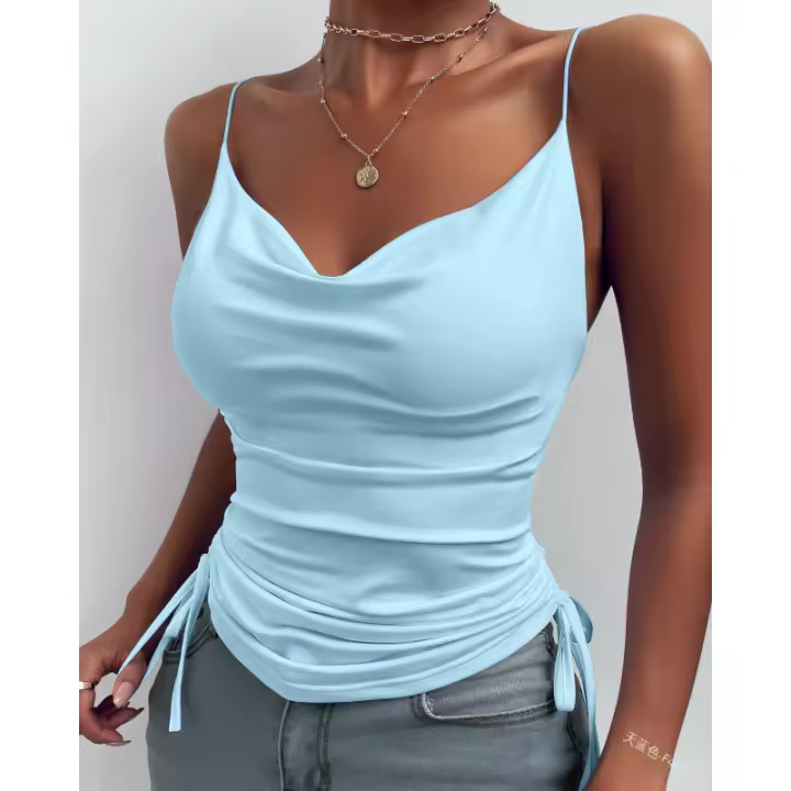 Top sin mangas con cuello drapeado y tirantes delgados para mujeresVCamisola sin mangas plisada de moda para el verano - 1