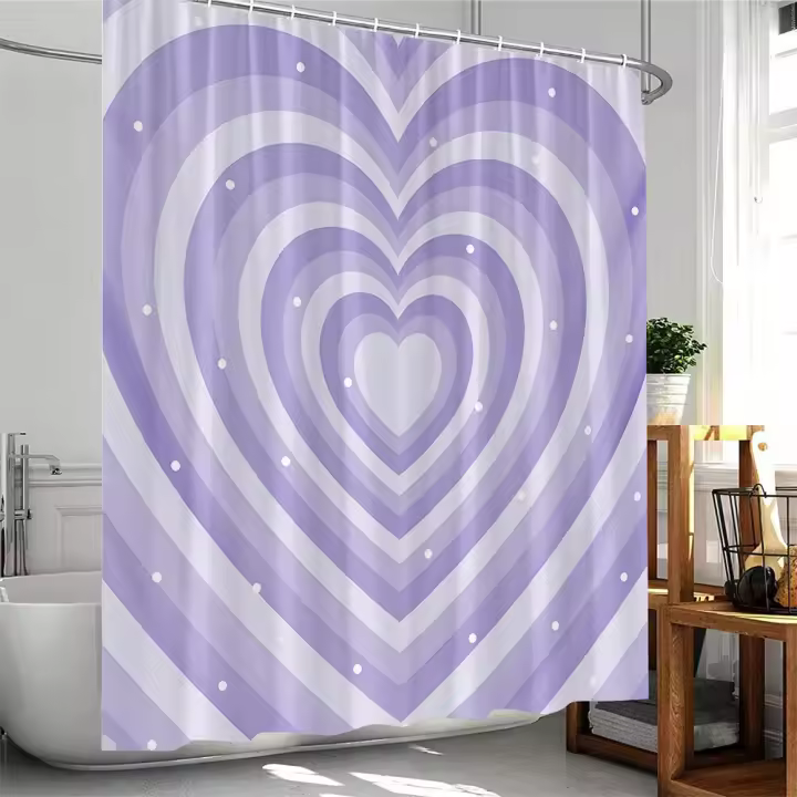 Cortina de ducha con patrón de corazón, decoración romántica para baño, cortina de baño de tela de poliéster colorida azul, rosa y verde con gancho - 1