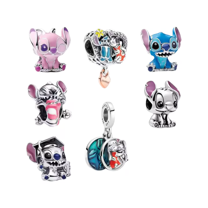 Disnei x Pandor 925 Conjunto de dijes Lilo y Stitch de plata original - 1