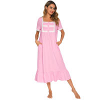 Camisón largo de algodón para mujer, ropa de dormir, cuello cuadrado, manga corta, camisón de longitud completa con bolsillos - details 5