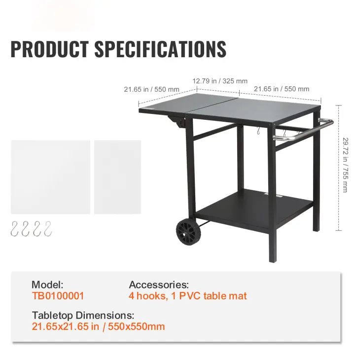 SucceBuy Carro de comedor para parrilla al aire libre, mesa de preparación para barbacoa de 2 estantes, tapa de hierro plegable, carro modular portátil para horno de pizza, mesa de trabajo con ruedas y asa de transporte - 1
