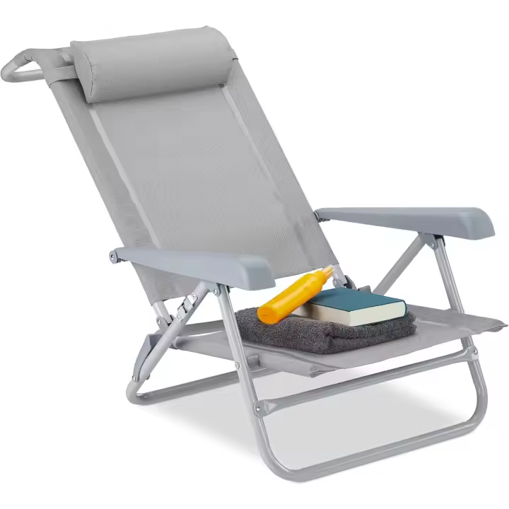 Plegable con Reposacabezas, Abrebotellas y Reposabrazos, Sintético-Acero, Gris - 1