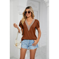 BUNO-2025 Camiseta holgada de manga corta con cuello en V para mujer, Top informal de encaje de Color puro, camiseta holgada cómoda y transpirable para verano - details 41