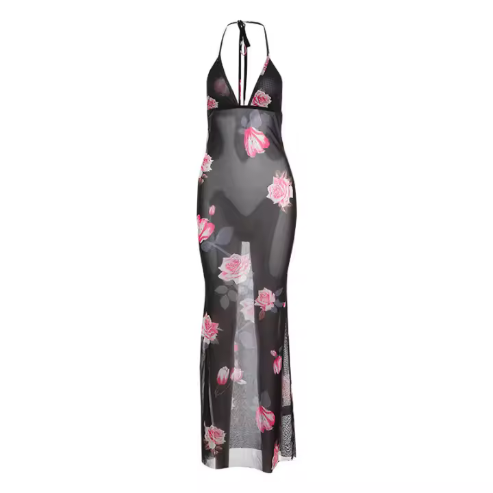 BUNO-estido Halter de moda para mujer, vestido sin espalda con estampado de rosas, sin espalda, Sexy con cuello en V, ajustado para fiestas en la playa - 1