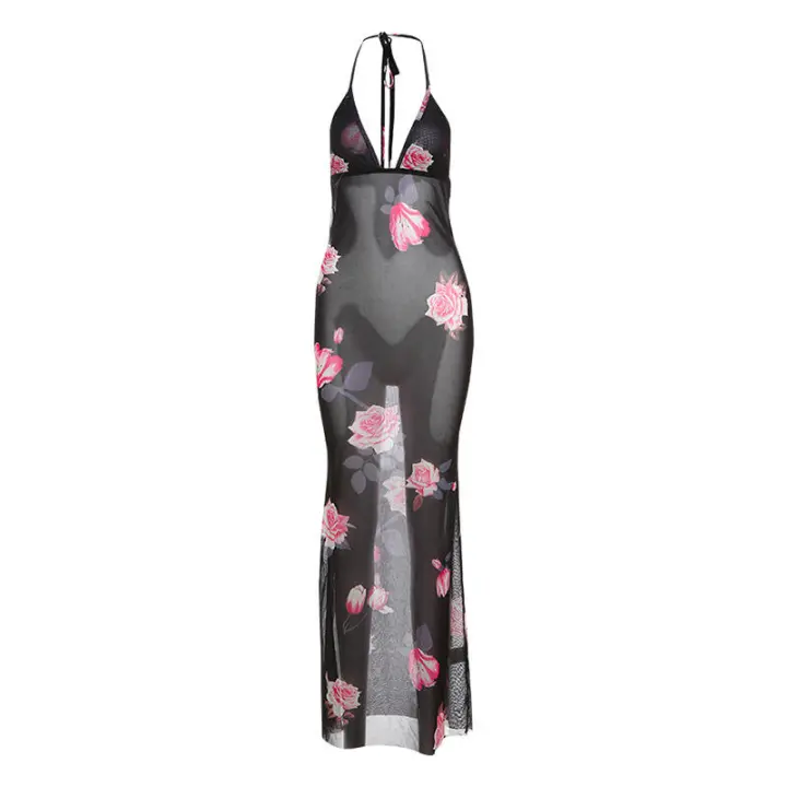 BUNO-estido Halter de moda para mujer, vestido sin espalda con estampado de rosas, sin espalda, Sexy con cuello en V, ajustado para fiestas en la playa - 1