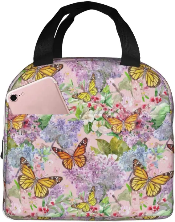 Bolsa de Almuerzo Aislada con Patrón de Flor de Mariposa Portátil, Reutilizable, Impermeable y a Prueba de Fugas para Mujeres Hombres Adultos Ideal para Trabajo de Oficina, Viajes, Picnics, Senderismo - 1