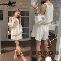 Blusa de verano a cuadros extragrande 2024 para niñas, traje de mujer, camisa de manga larga, pantalones de pierna ancha de cintura alta, trajes de dos piezas con pantalones cortos - details 0