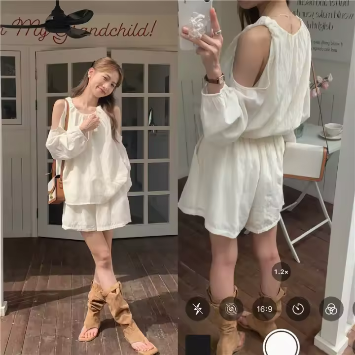 Blusa de verano a cuadros extragrande 2024 para niñas, traje de mujer, camisa de manga larga, pantalones de pierna ancha de cintura alta, trajes de dos piezas con pantalones cortos - 1