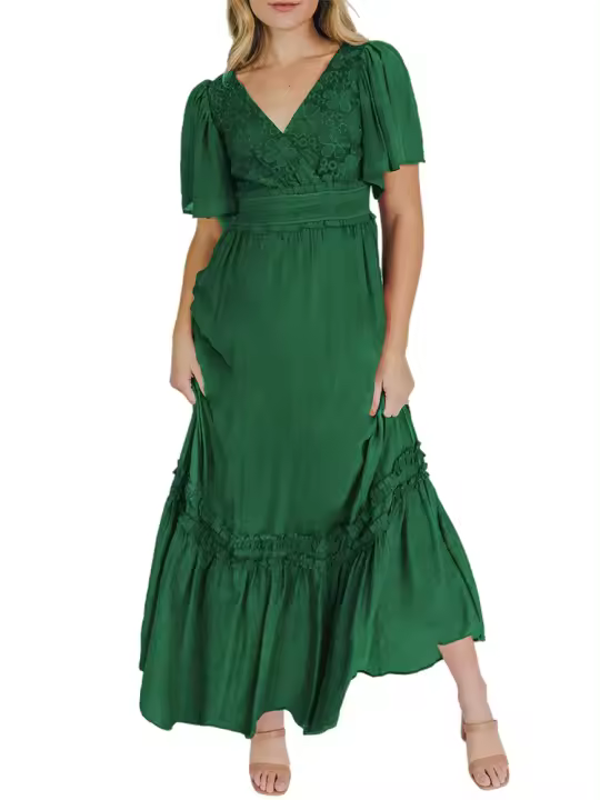 Vestido largo de encaje formal con cuello en V para mujer, con volantes y flecos, manga corta, estilo bohemio, para invitados de boda - 1