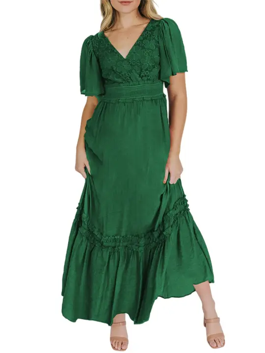 Vestido largo de encaje formal con cuello en V para mujer, con volantes y flecos, manga corta, estilo bohemio, para invitados de boda - 1