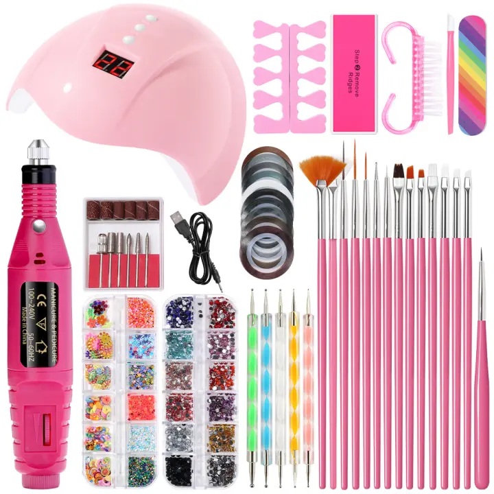 Conjunto de manicura con secador de luz LED, conjunto de herramientas para decoración de uñas, Base superior, pulidora - 1