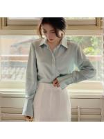 Blusa De Seda Para Mujer Con Manga Larga Estilo Coreano Elegante Traje De Oficina Color Sólido Ropa De Lady Casual Para Mujer - details 7