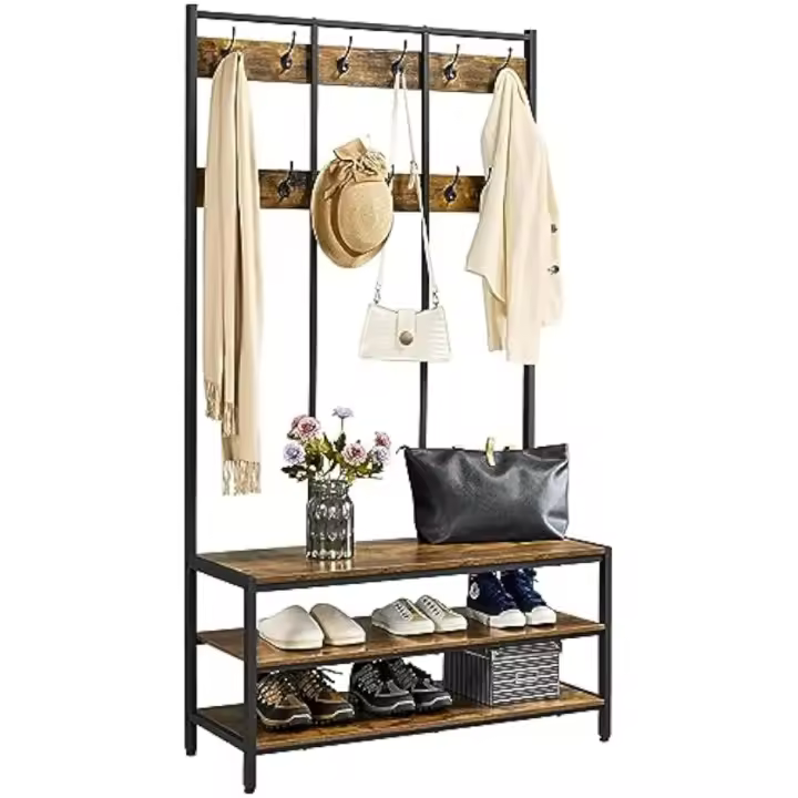 Recibidor Recibidor Industrial con 12 Ganchos Dobles Pie para Sala Estar 100×40×185cm Marrón Rústico - 1