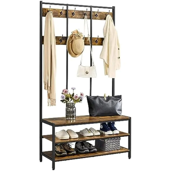 Recibidor Recibidor Industrial con 12 Ganchos Dobles Pie para Sala Estar 100×40×185cm Marrón Rústico - 1