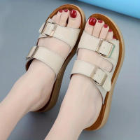 Women Double Buckle Strap Flat Slides Casual Open Toe Non Slip Wear-resistant Shoes Outdoor Beach Slides - details 9