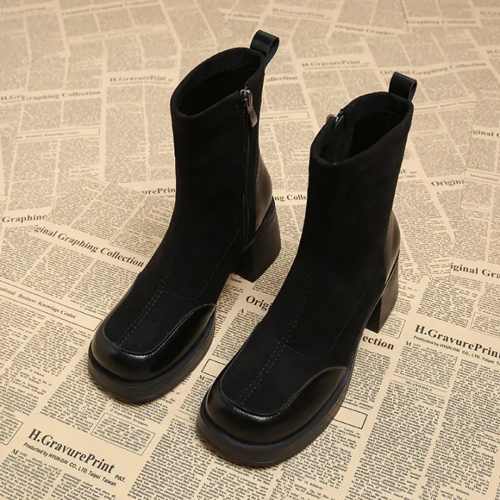 Temperamento de cuero Botas cortas francesas de tacón alto Cabeza cuadrada Tacón grueso Botas delgadas elásticas - 1
