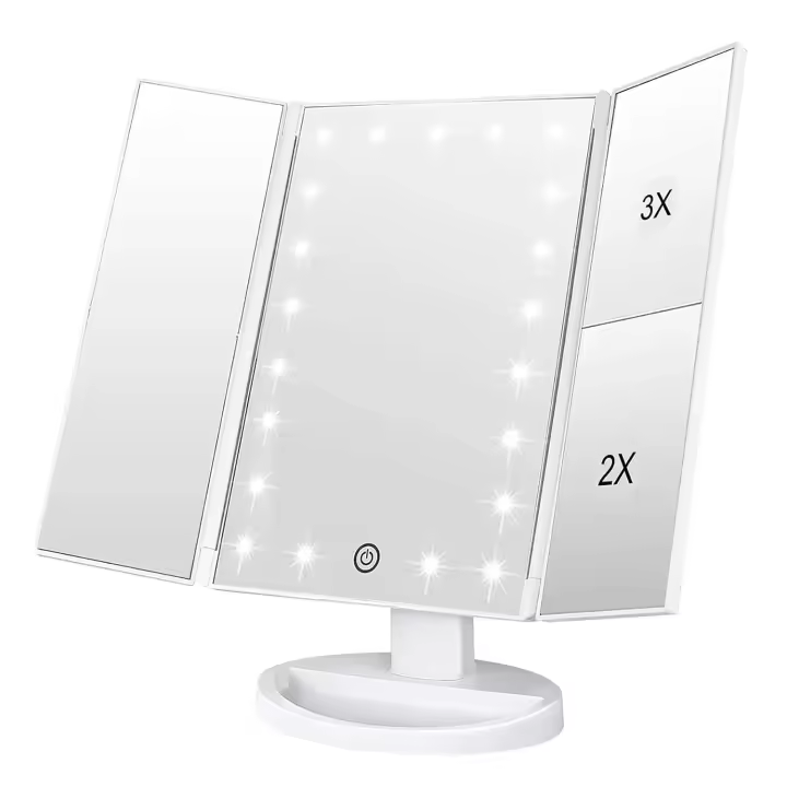 Maquillaje WEILY con 21 luces LED, dos modos de fuente de alimentación, pantalla táctil ajustable y tocador triple con aumento de 1x/2x/3x - 1