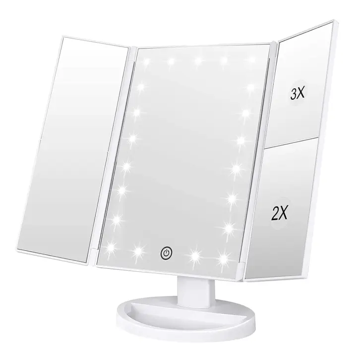 Maquillaje WEILY con 21 luces LED, dos modos de fuente de alimentación, pantalla táctil ajustable y tocador triple con aumento de 1x/2x/3x - 1