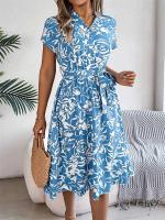 Msfilia Vestido de verano con cuello en V y cinturón plisado con estampado de moda para mujer - details 10