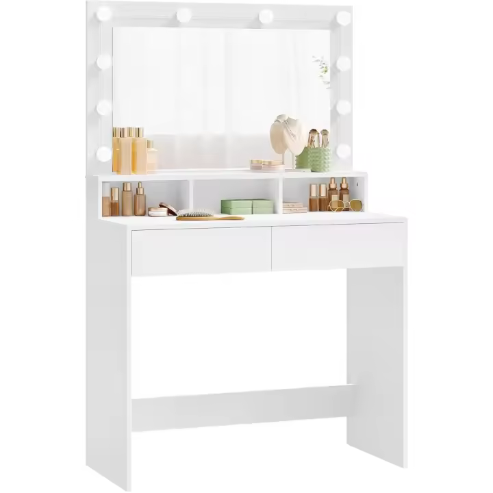 Mueble de Maquillaje Moderno con Luz LED y Espejo Grande Tocador de Dormitorio con 2 Cajones y 3 Compartimentos Abiertos - 1