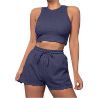 Conjunto de dos piezas de verano para mujer, chaleco sin mangas de color sólido con textura gofre y pantalones cortos casuales de moda. - details 35
