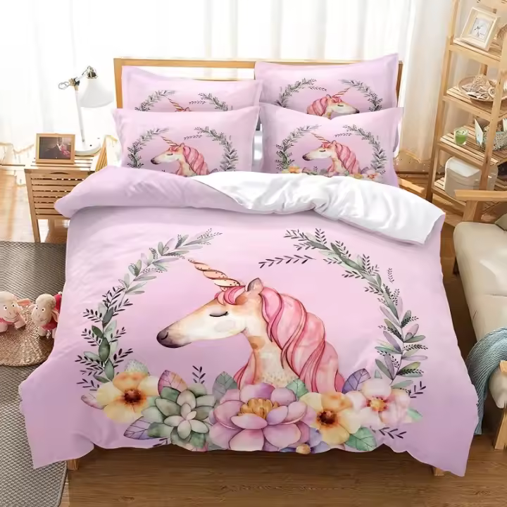 Conjunto de Ropa de Cama de Unicornio de Dibujos Animados Funda de Edredón de Poliéster para Habitación de Niños y Niñas Diseño de Moda con Animales Lindos - 1