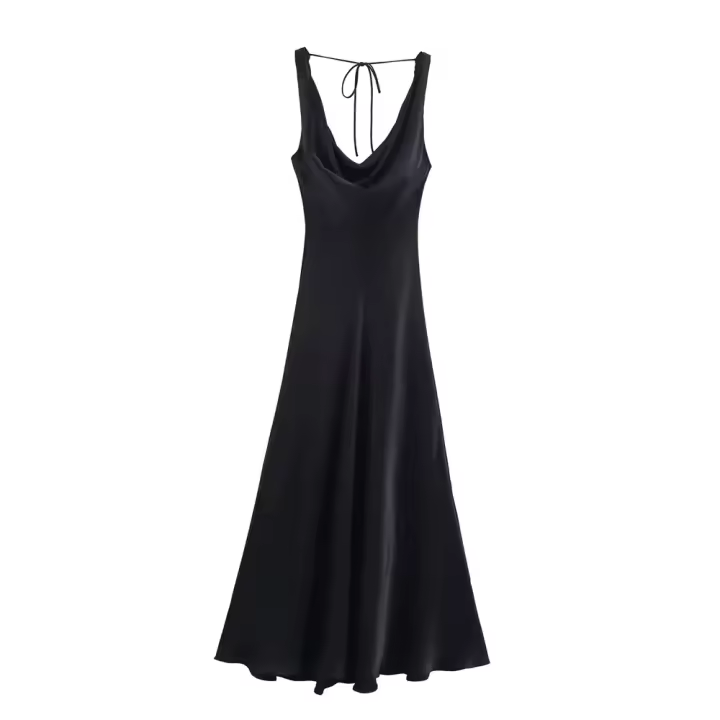 Elegante Vestido de Verano Largo 2025 Textura de Satén, Sin Mangas, con Encaje Trasero - 1