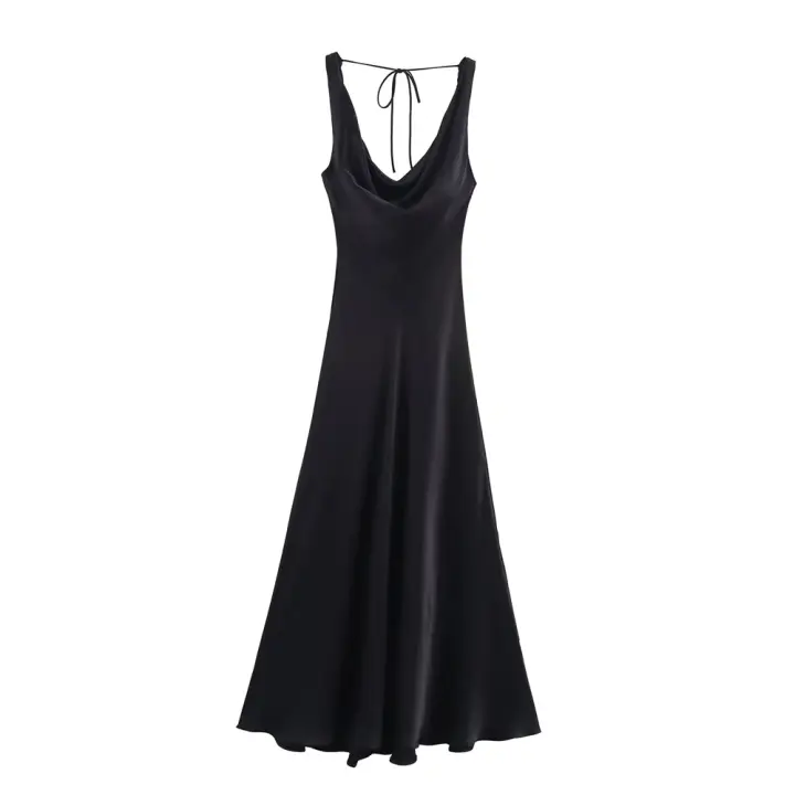 Elegante Vestido de Verano Largo 2025 Textura de Satén, Sin Mangas, con Encaje Trasero - 1