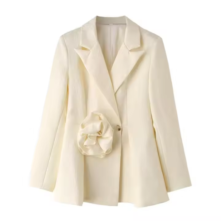 BUNO-Primavera otoño mujer chaqueta de traje Beige moda flores decoración cuello con muescas de un solo pecho de manga larga chaquetas femeninas abrigo - 1