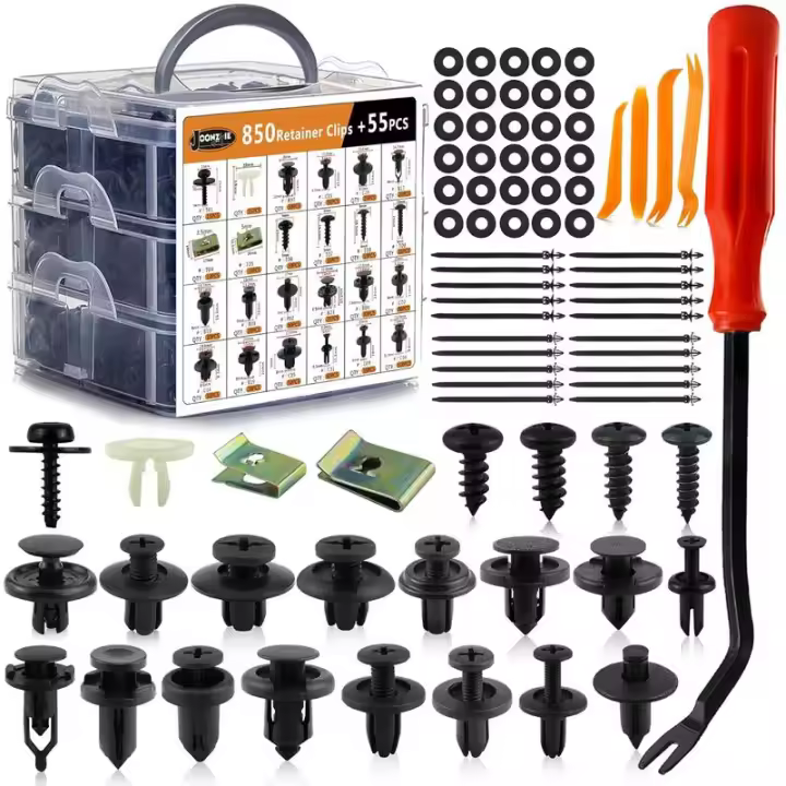 Remaches de plástico para parachoques de coche, 855 Uds., juego de clavijas de empuje automático, Clips de Panel con 10 bridas de Cable y removedor de sujeción para GM Ford - 1