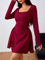 Vestido elegante de cuello cuadrado de mujer, falda roja de vino de cintura alta - details 3