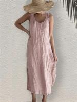 Vestido de verano 2024 para mujer de algodón y lino Vestido sin mangas con cuello redondo y bolsillos laterales - details 1