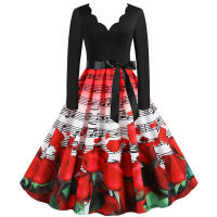Women plaid print long sleeve vintage a line party dress v neck - details 85