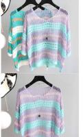 Blusas caladas coloridas de media manga para mujer, camisa de punto de seda de hielo a rayas, jersey holgado de estilo Retro, camisetas sin mangas ligeras - details 14