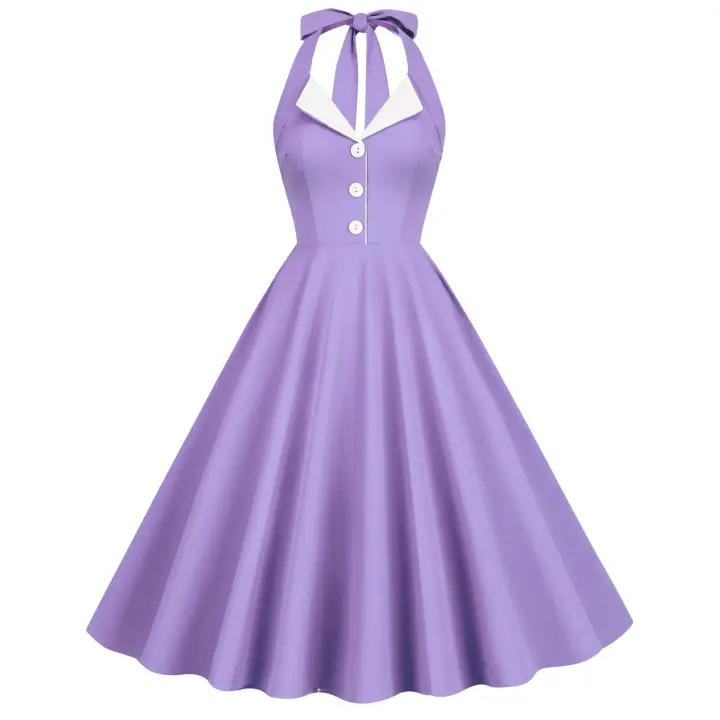 Hepburn - Retro para mujer, color impacto, espalda abierta, cuello colgante, fiesta - 1