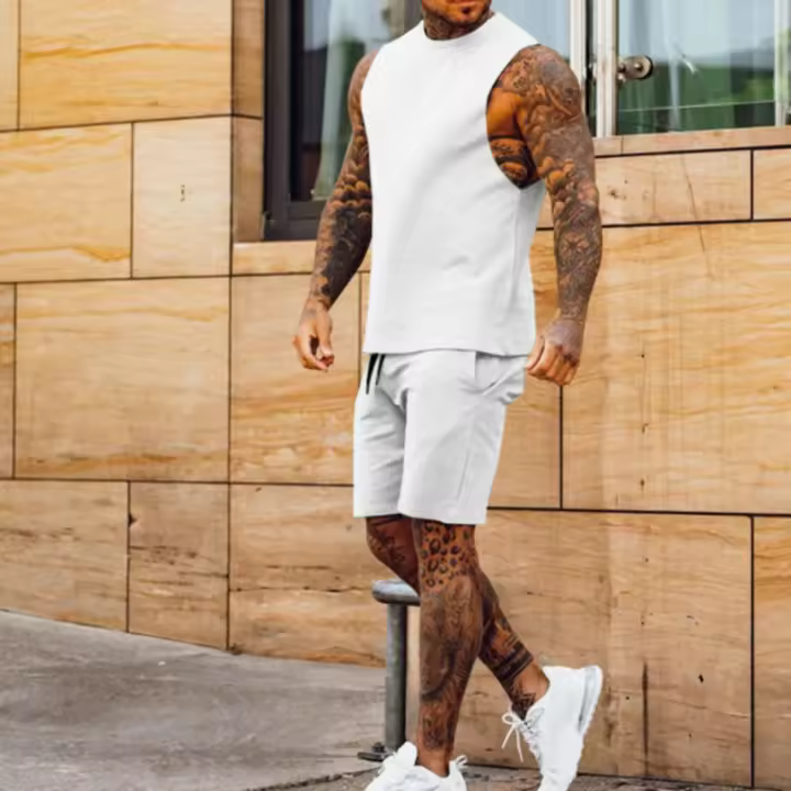 Conjunto de chándal sin mangas de verano para hombre, pantalones cortos deportivos informales lisos con cordón - 1