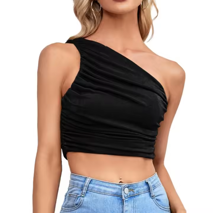 BUNO-2025 Primavera/Verano nueva moda superventas personalidad chica picante Slim Fit cuello asimétrico fuera del hombro camiseta para mujer - 1