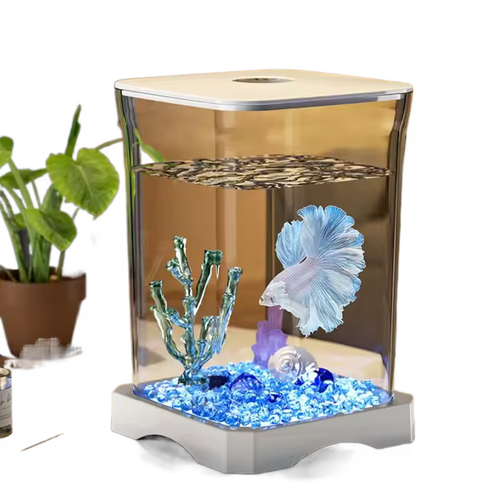 Tanque de peces Betta acrílico, Mini tanque de peces dorados extraíble de alta transparencia con orificio de alimentación, tanque de peces de paisaje pequeño - 1