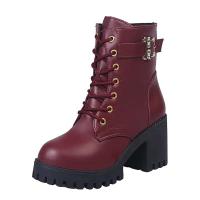 Botas de mujer con punta redonda, suela gruesa, plataforma impermeable, tacones altos, con cordones, entresuela de felpa, botas Martin - details 1