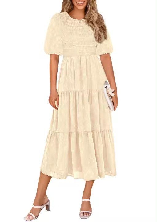 Vestidos de gasa para mujer, vestidos casuales de verano con cintura y tobillo, manga corta, cuello redondo, vestidos largos de una línea - 1
