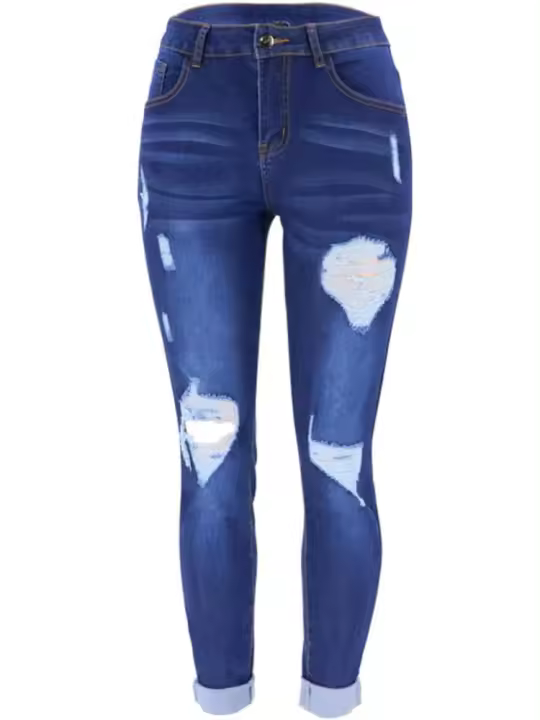 Vaqueros rasgados para mujer, pantalones pitillo azules de cintura alta, vaqueros de mujer, ropa de verano - 1
