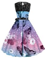 Vestido midi de fiesta elegante de verano con estampado floral, encaje, sin mangas, línea A y cinturón para mujer - details 2