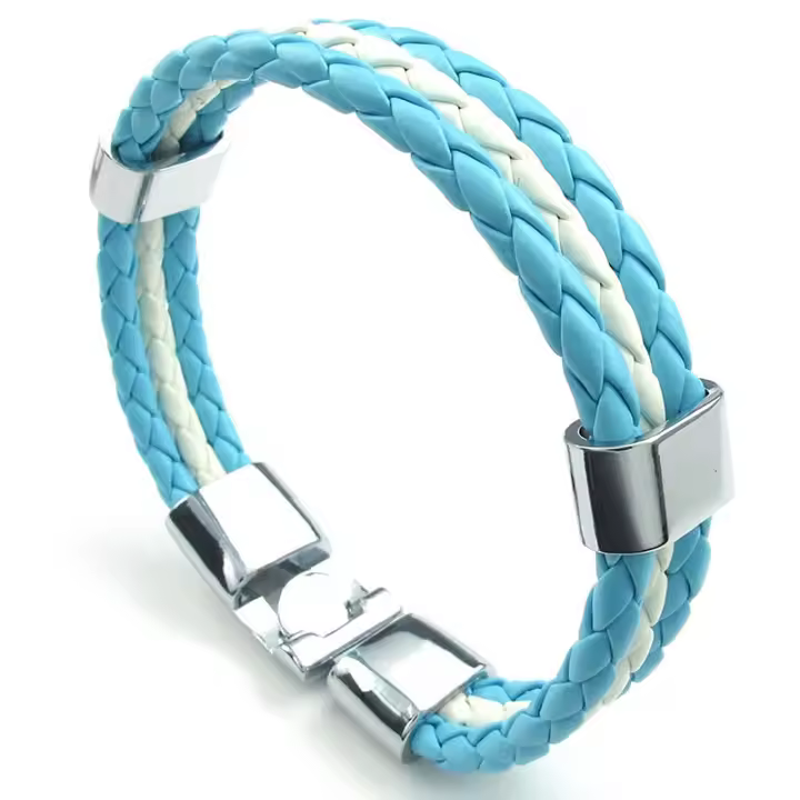 Pulsera de cuero azul con bandera blanca de Argentina, brazalete de aleación trenzada, longitud de 21,5 cm, con bolsa de terciopelo - 1