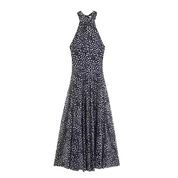 Vestido largo casual de verano 2025 para mujer con lunares, cuello halter, espalda descubierta y dobladillo suelto. - 1